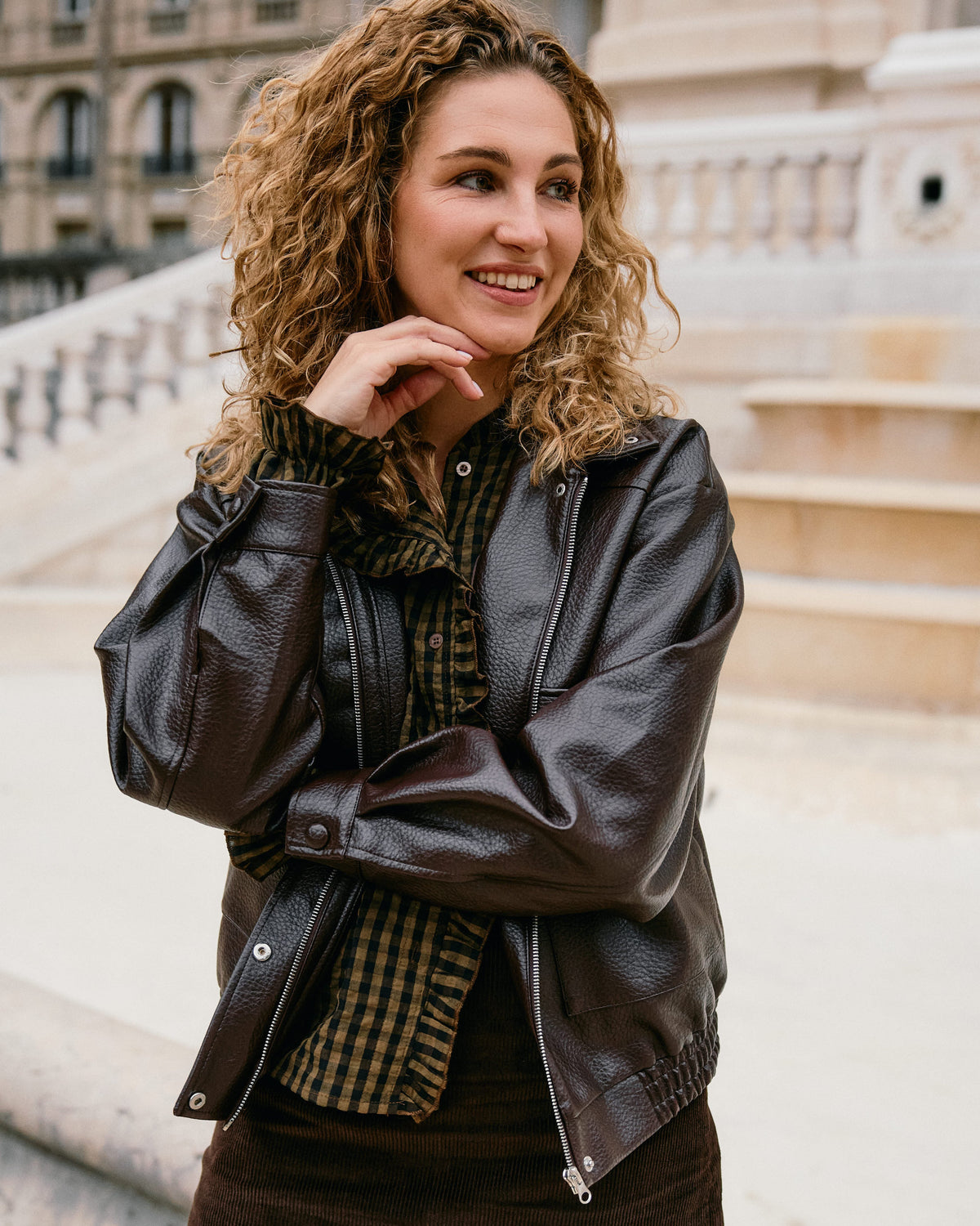 Bruine lederlook jas met zakken