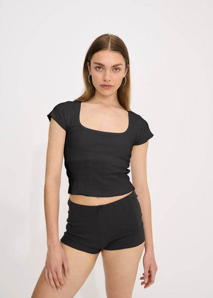 Pointelle Square Neck Top - Zwart- Organic Basics