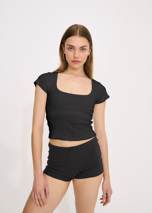 Pointelle Square Neck Top - Zwart- Organic Basics